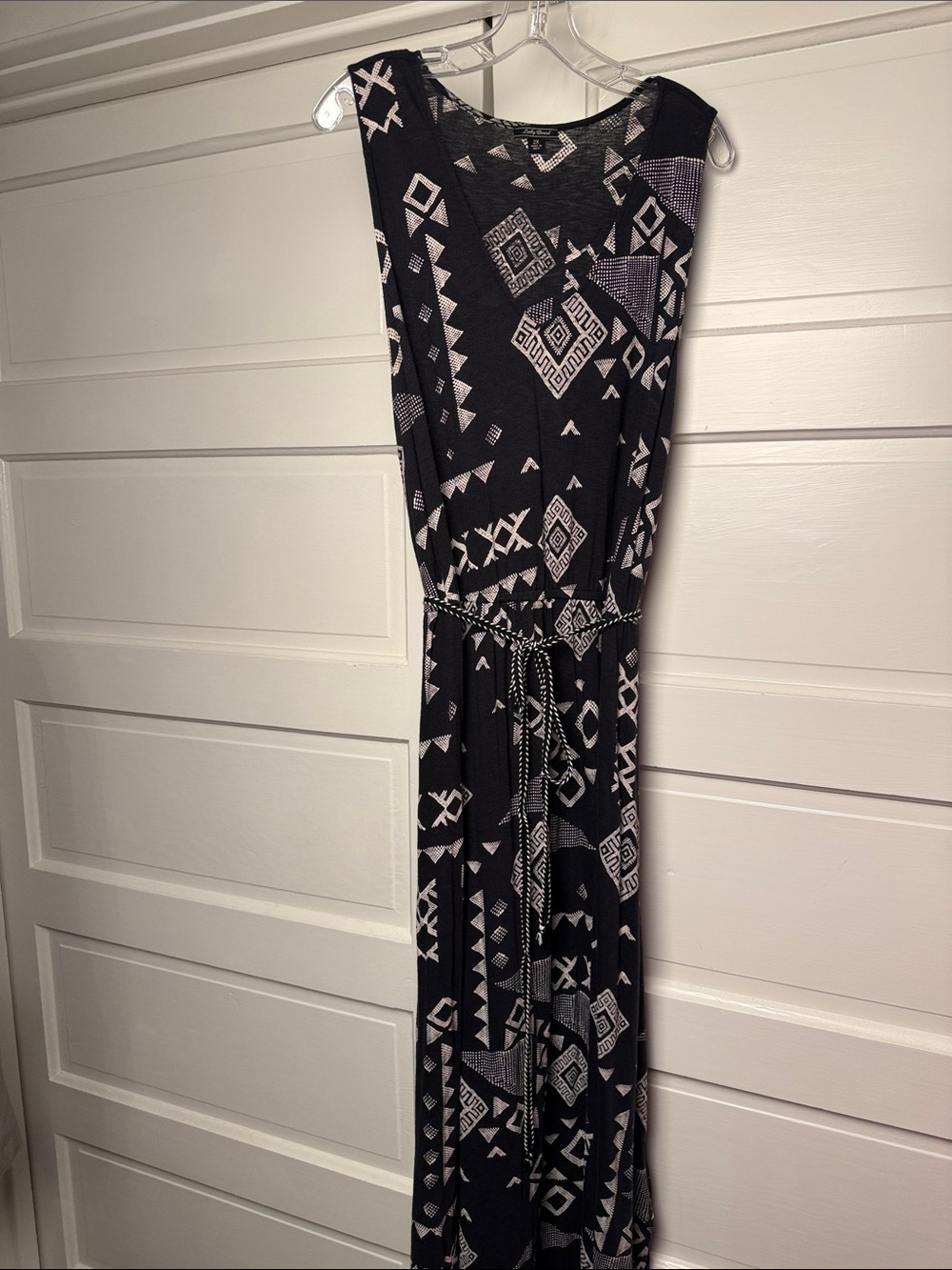 Lucky Brand Boho Jersey Maxi Dress 2X Black Cream Wrap V Neck Braided Tie